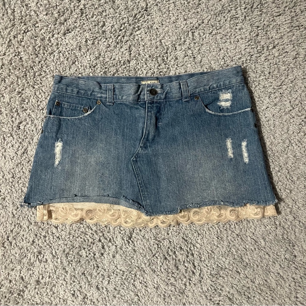 Vintage Angel Kiss Denim Mini Skirt with Lace Trim